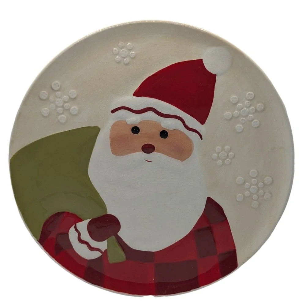 Vintage Hallmark Santa Claus Plate Toy Bag Cookie Plate Textured Red White Green
